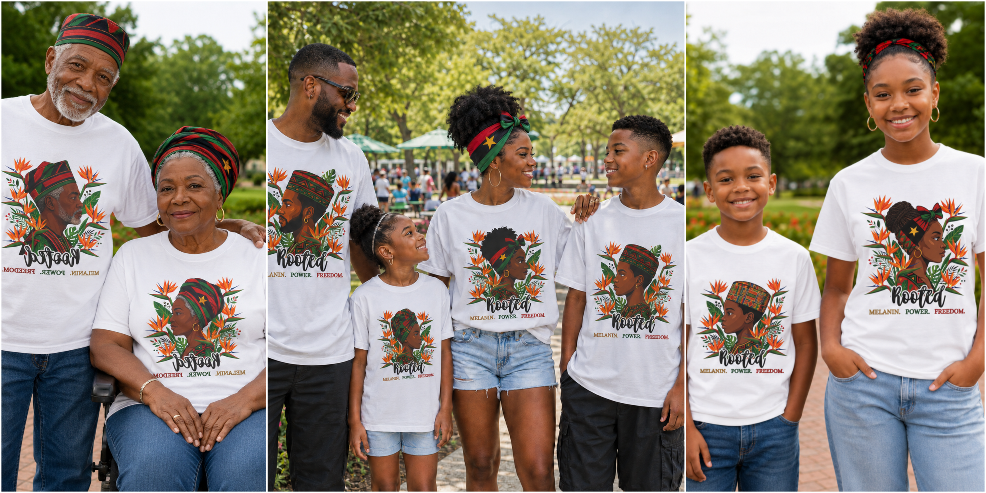 Family wearing matching 'Rooted' t-shirts with a floral design and text in a park setting.